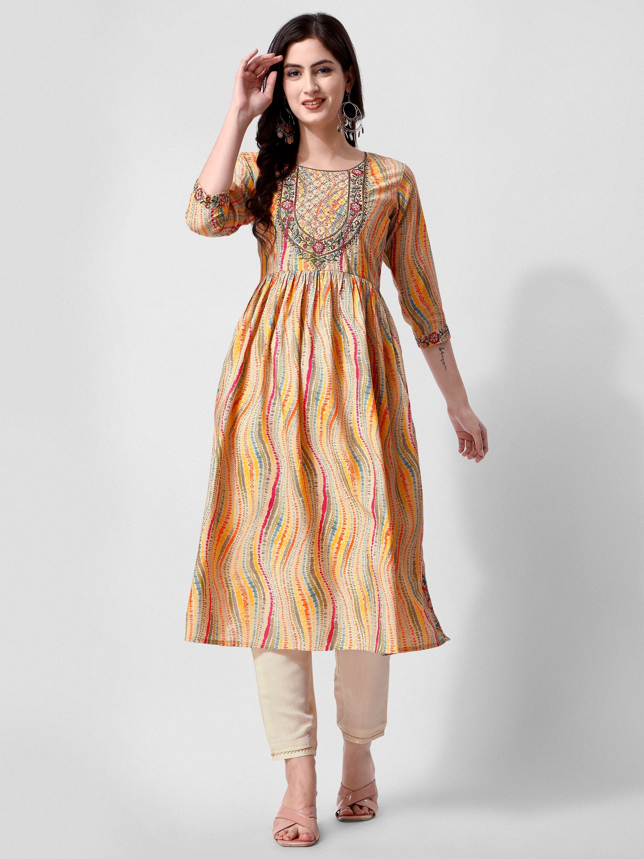 Nayra Cut Embroidered Kurta With Pant And Dupatta Set, Multicolor - Hiral Fashion