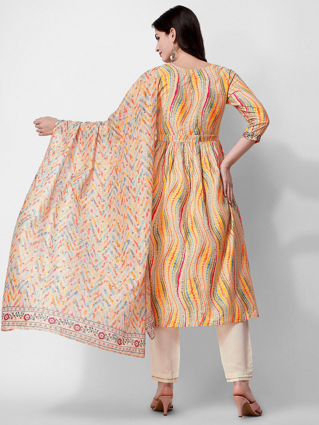 Nayra Cut Embroidered Kurta With Pant And Dupatta Set, Multicolor - Hiral Fashion