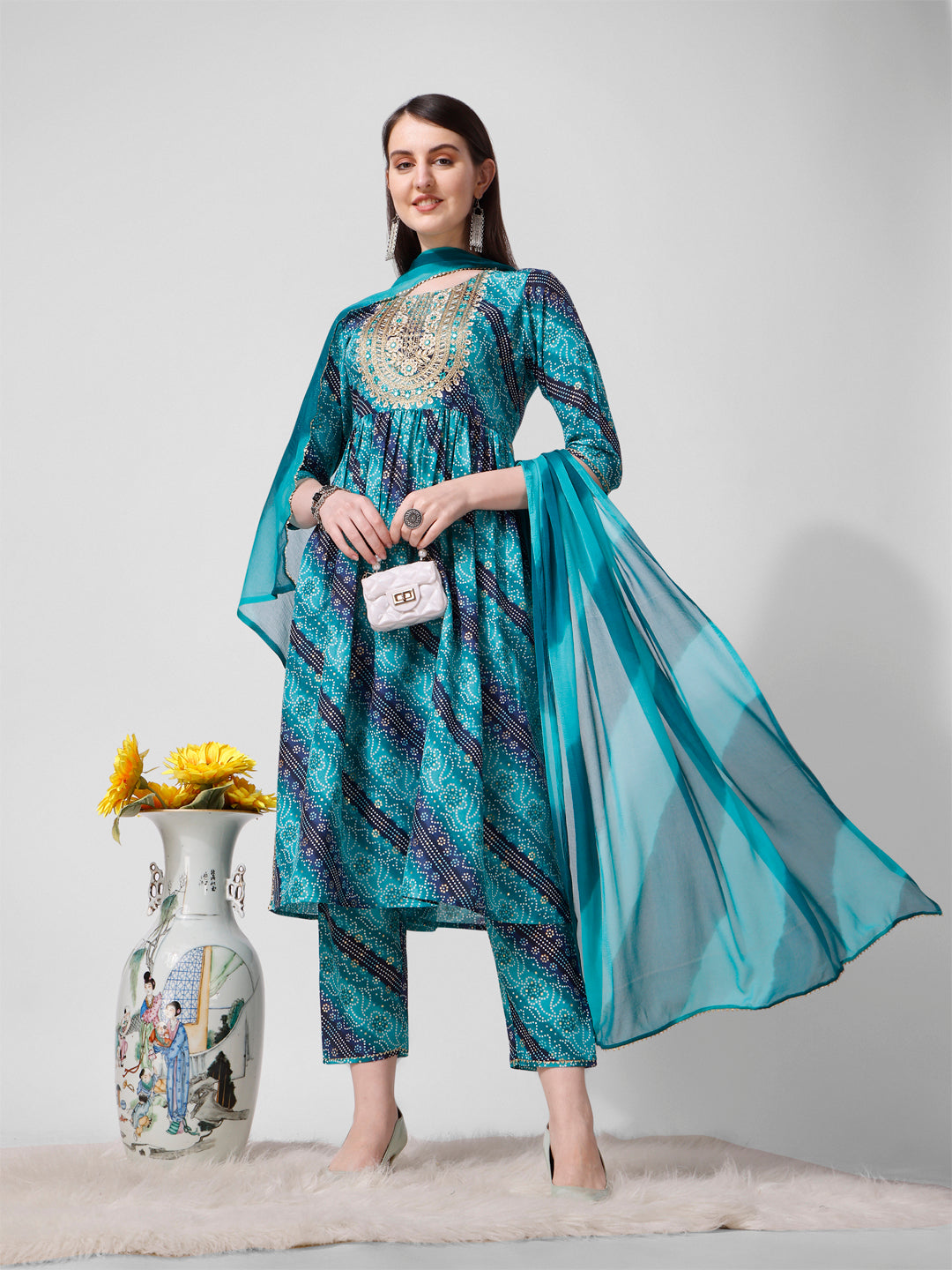 Multicolor embroidered and printed rayon kurta set with pant and dupatta