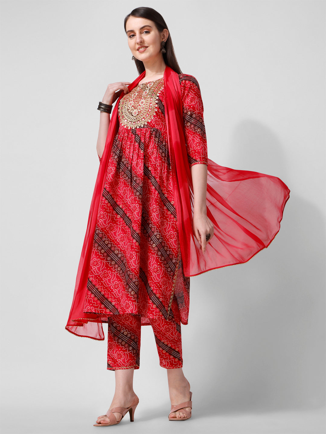 Embroidered & Printed Kurta With Pant And Dupatta Set, Multicolor - Hiral Fashion
