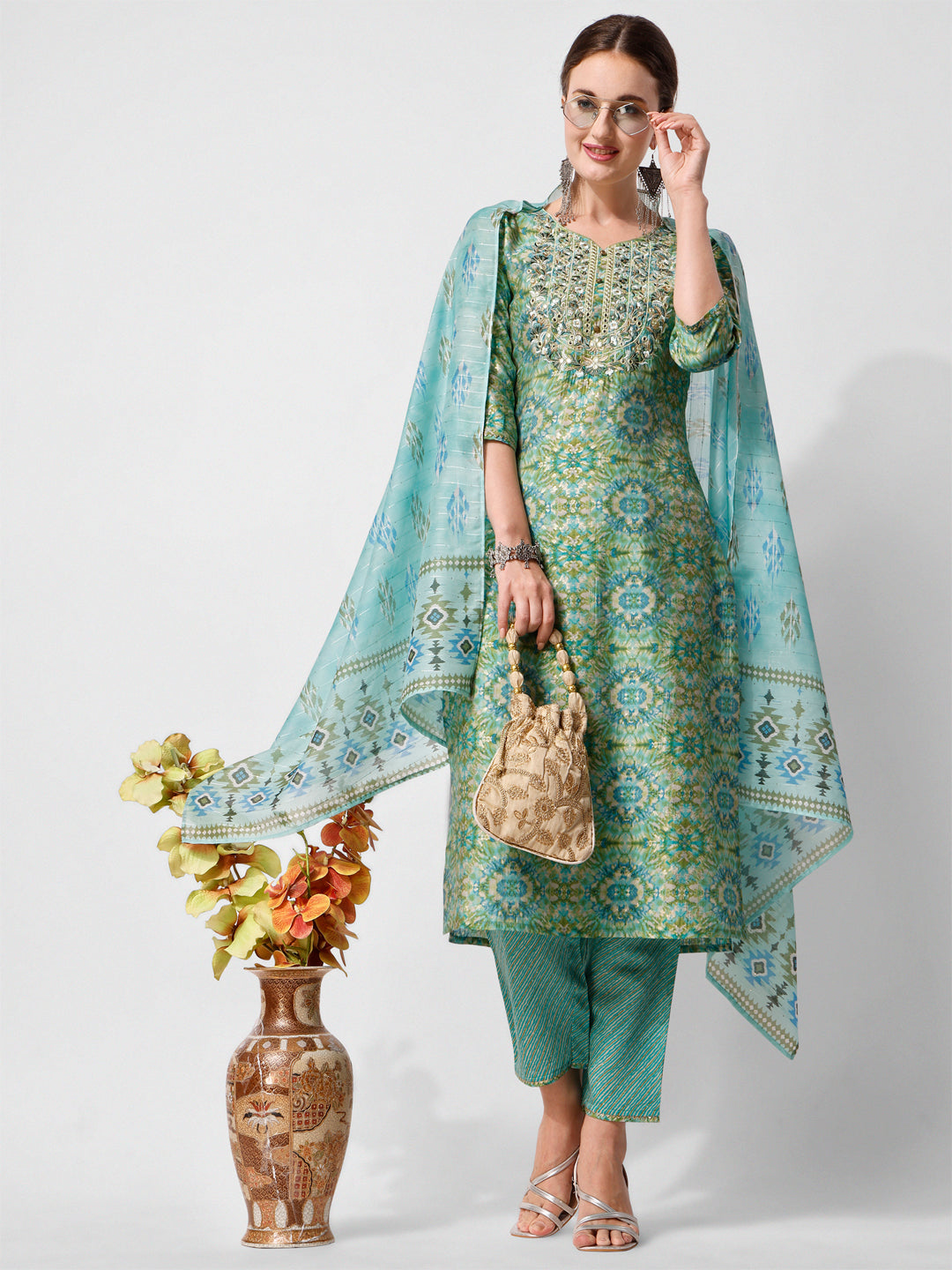 Multicolor printed and embroidered rayon kurta with matching pants and dupatta