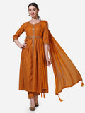 Multicolor rayon kurta set featuring embroidery, 3/4 sleeves, round neck, matching pant, dupatta, and belt.
