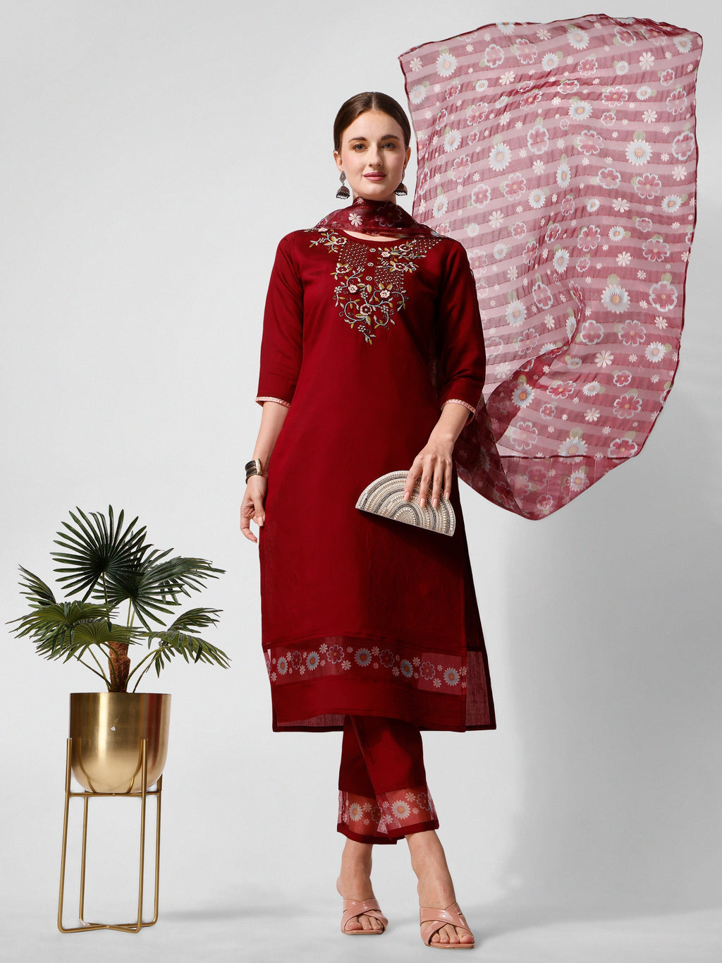 Embroidered Kurta With Pant And Printed Dupattaset, Multicolor - Hiral Fashion