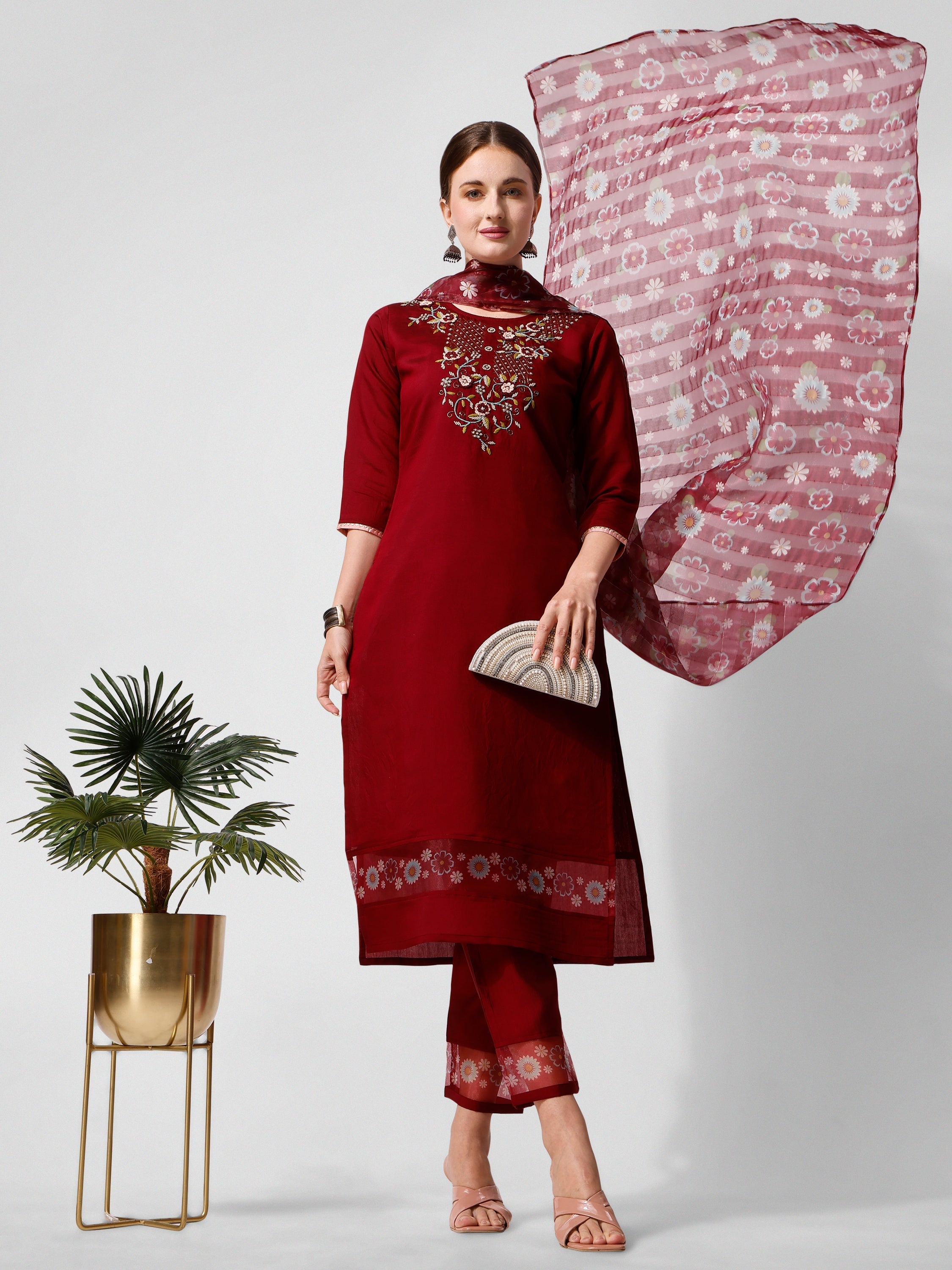 Embroidered Kurta With Pant And Printed Dupattaset, Multicolor - Hiral Fashion