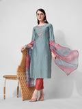Blue embroidered rayon kurta with printed dupatta and matching pants