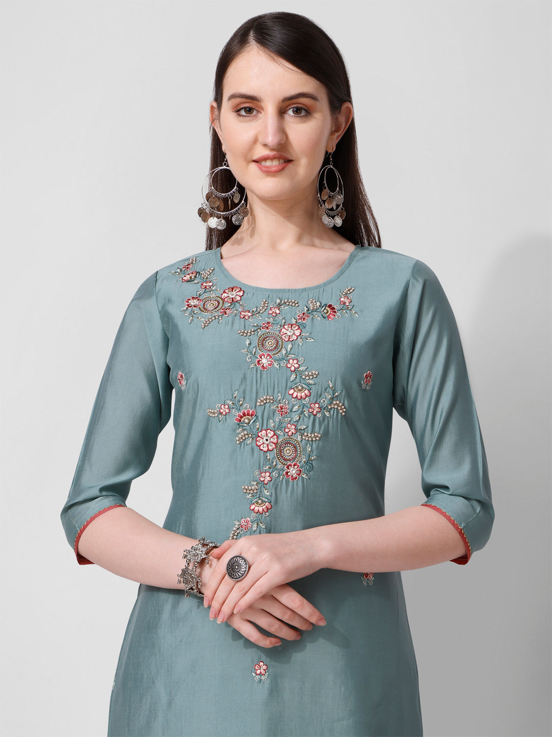 Blue Embroidered Kurta with Printed Dupatta and Pant Set