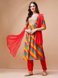 Nyra cut multicolor embroidered kurta set featuring a modern silhouette with matching pants and dupatta.