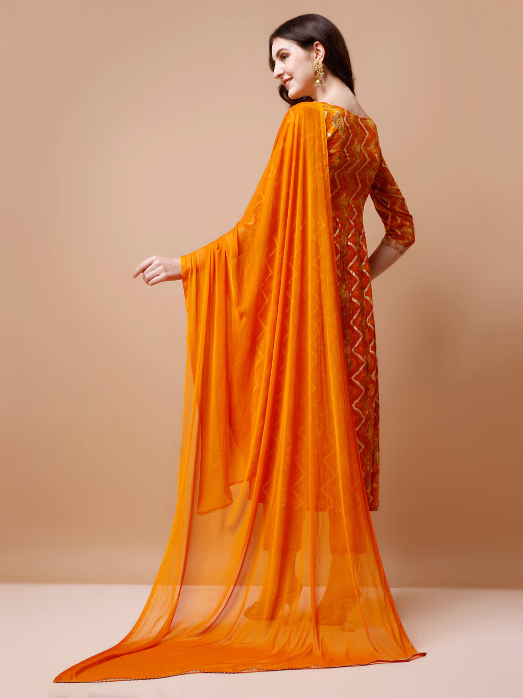 Nyra Cut Embroidered Kurta Set with Chevron Print and Dupatta