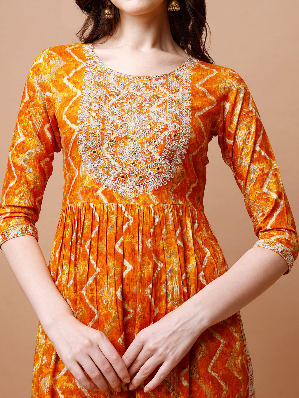Nyra Cut Embroidered Kurta Set with Chevron Print and Dupatta