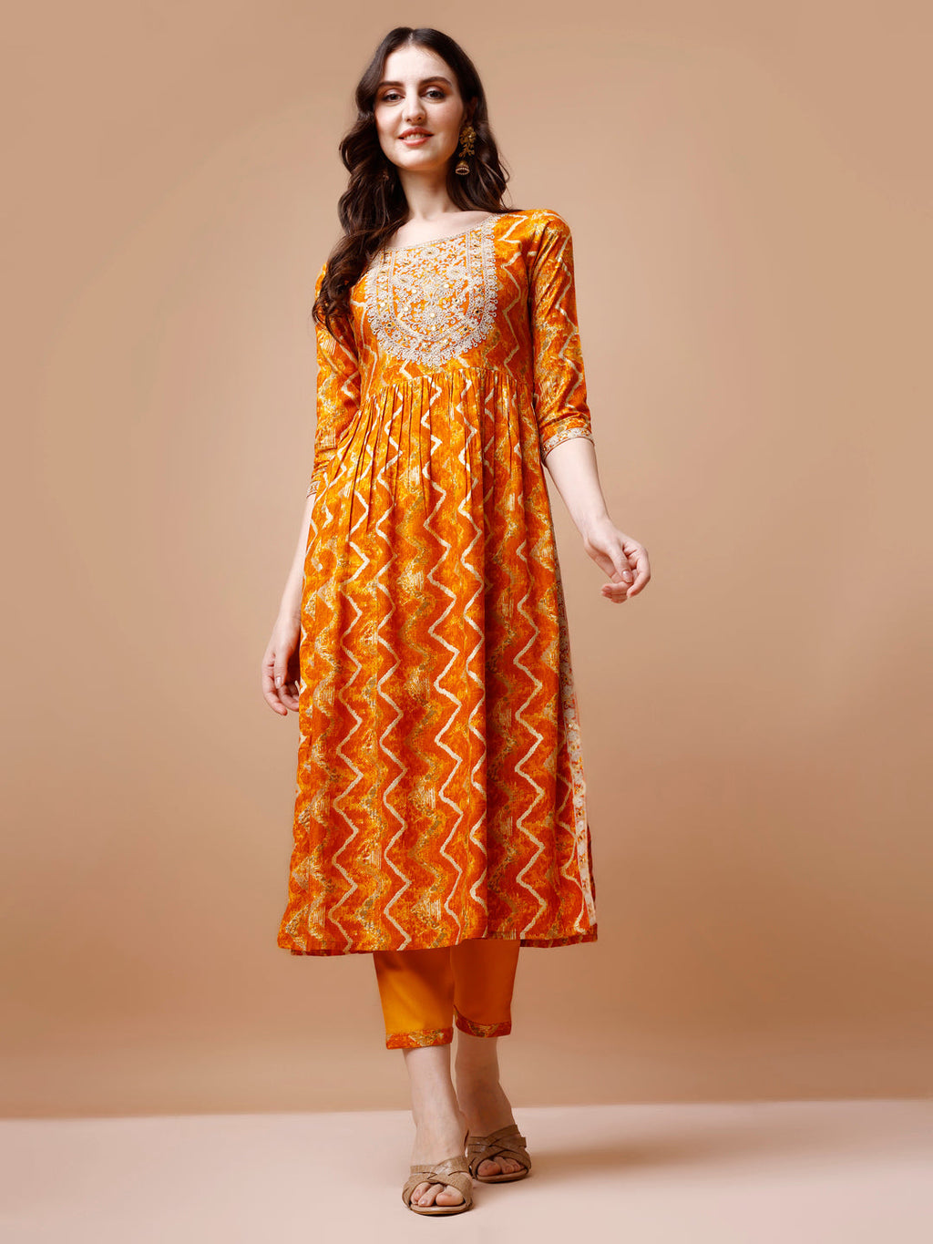 Nyra Cut Embroidered Kurta Set with Chevron Print and Dupatta