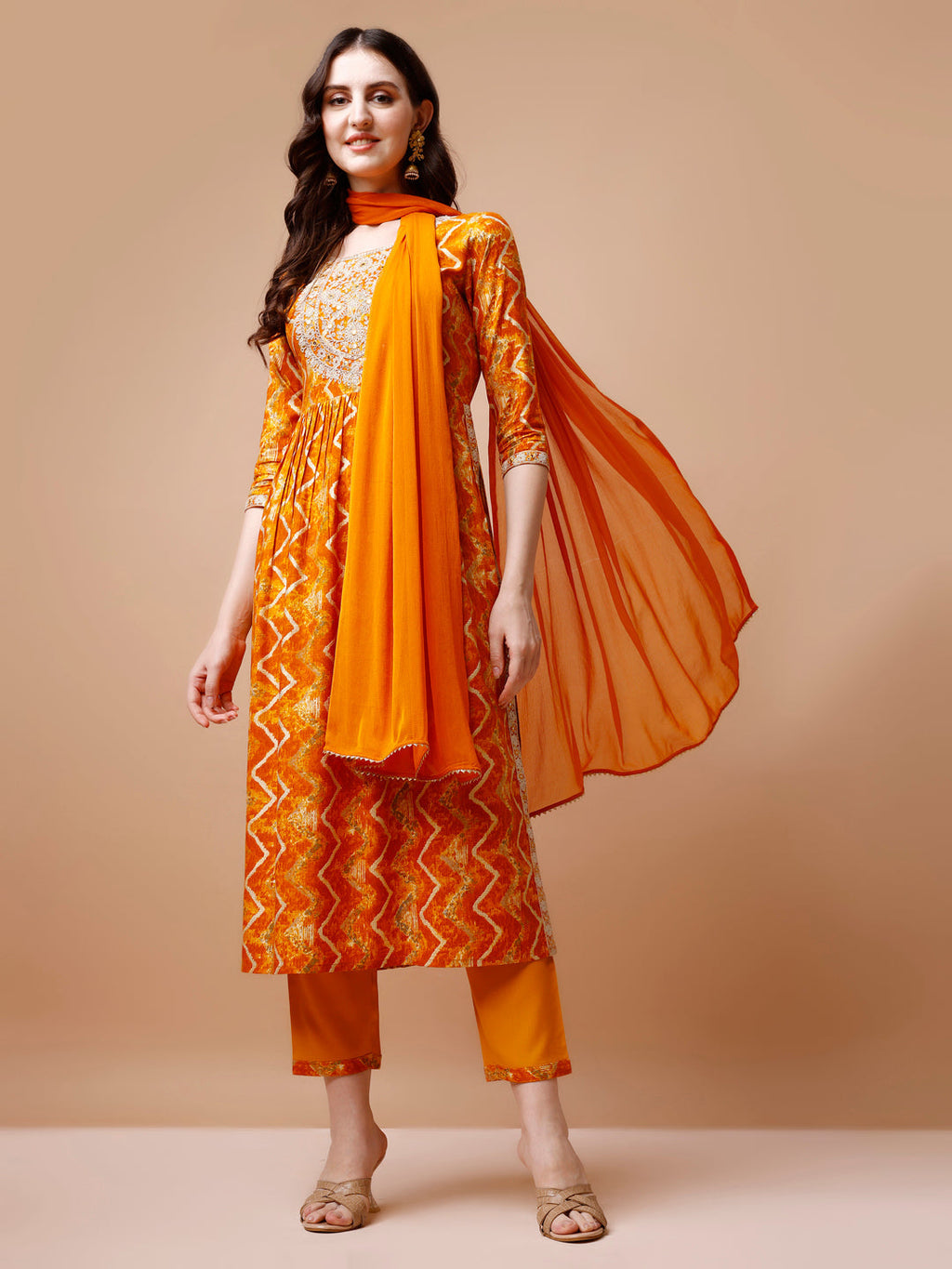 Multicolor Nyra cut kurta with chevron print, embroidery, matching pant and dupatta