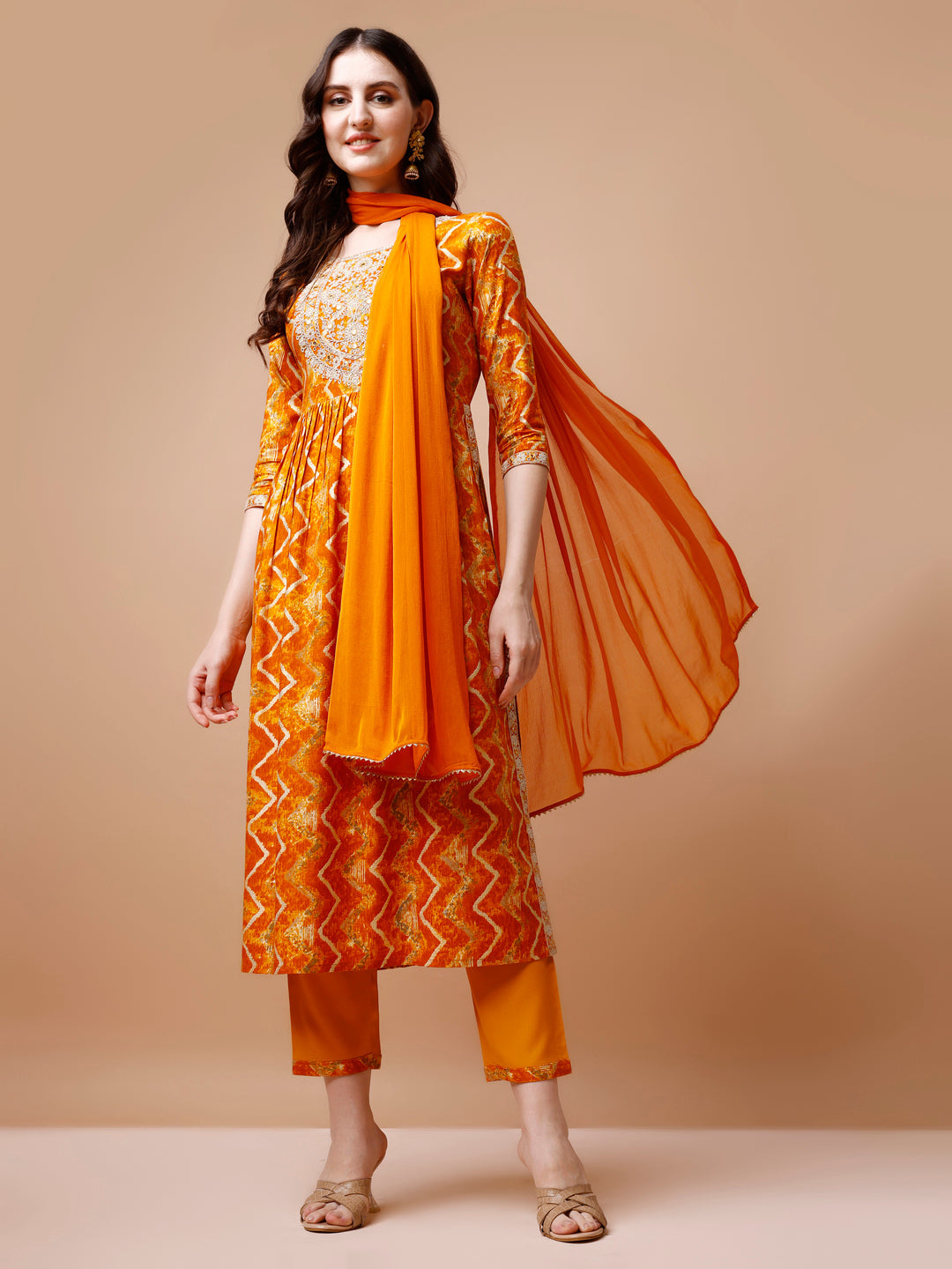 Multicolor Nyra cut kurta with chevron print, embroidery, matching pant and dupatta