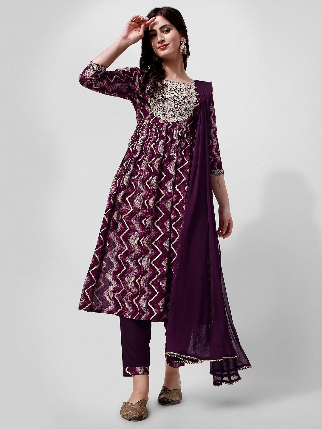 Nayra cut multicolor embroidered kurta with pants and matching dupatta