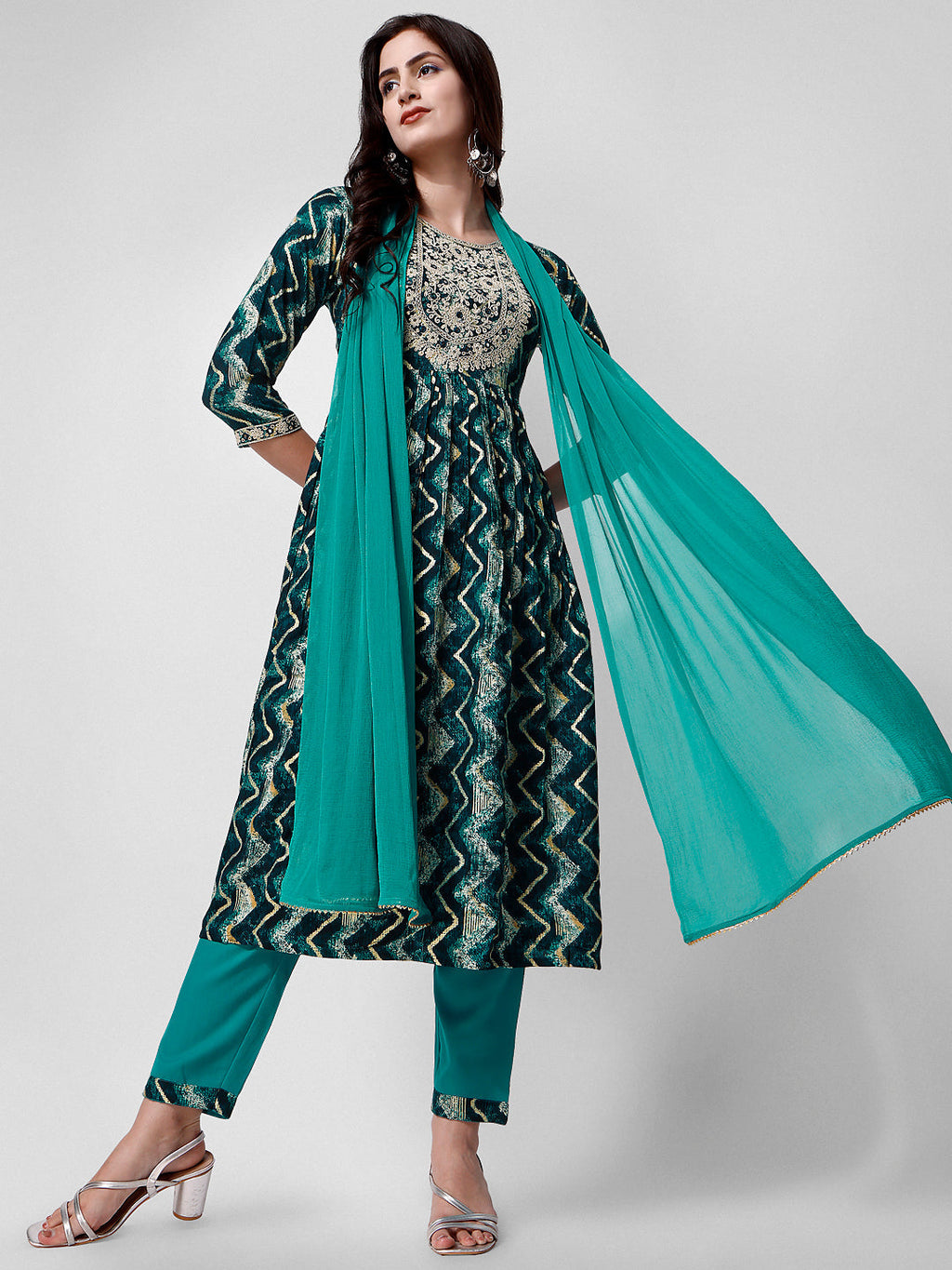 Nayra Cut Printed And Embroidered Kurta With Pant & Dupatta Set, Multicolor - Hiral Fashion