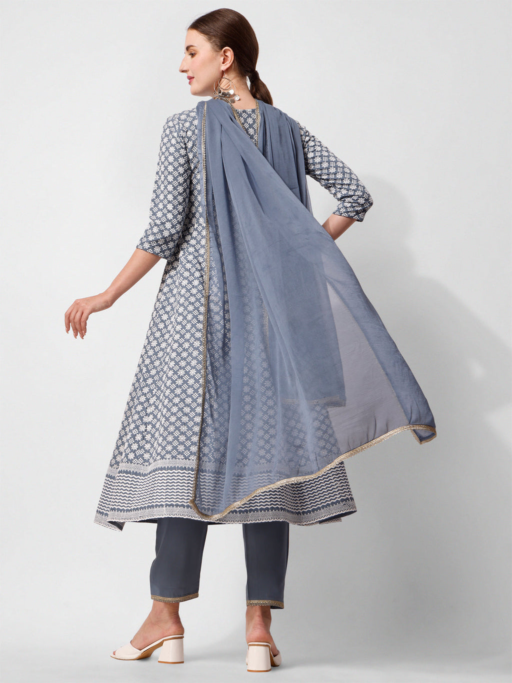 Lucknowi Embroidered Anarkali Kurta With Pant & Dupatta Set, Multicolor - Hiral Fashion
