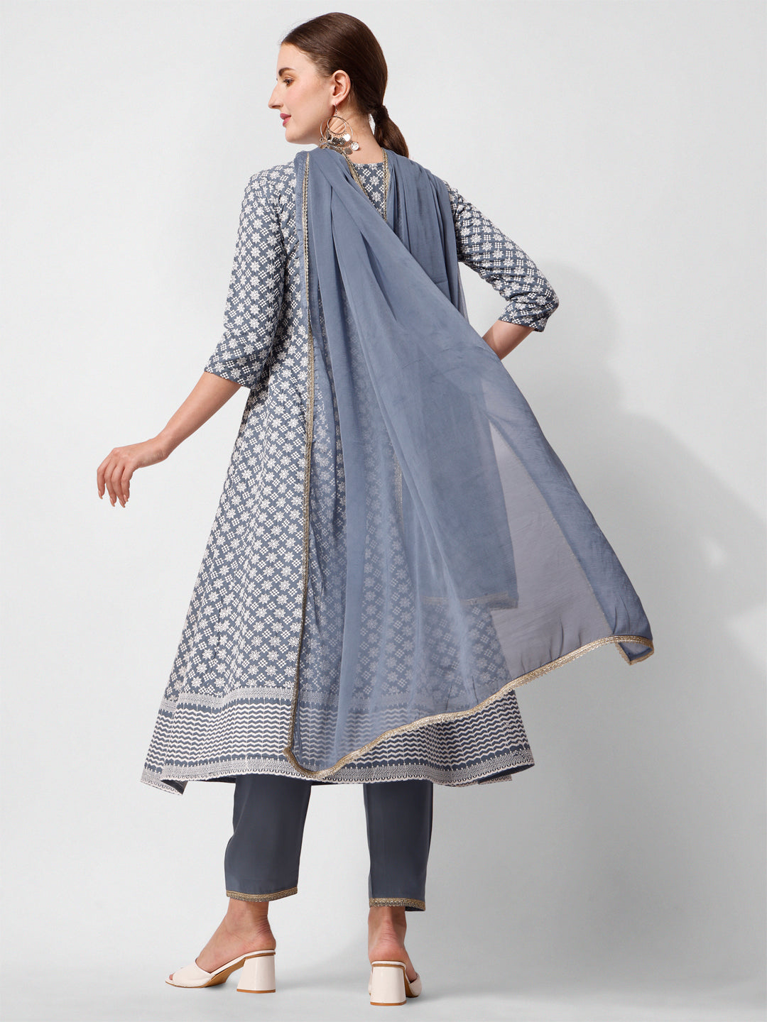 Lucknowi Embroidered Anarkali Kurta With Pant & Dupatta Set, Multicolor - Hiral Fashion