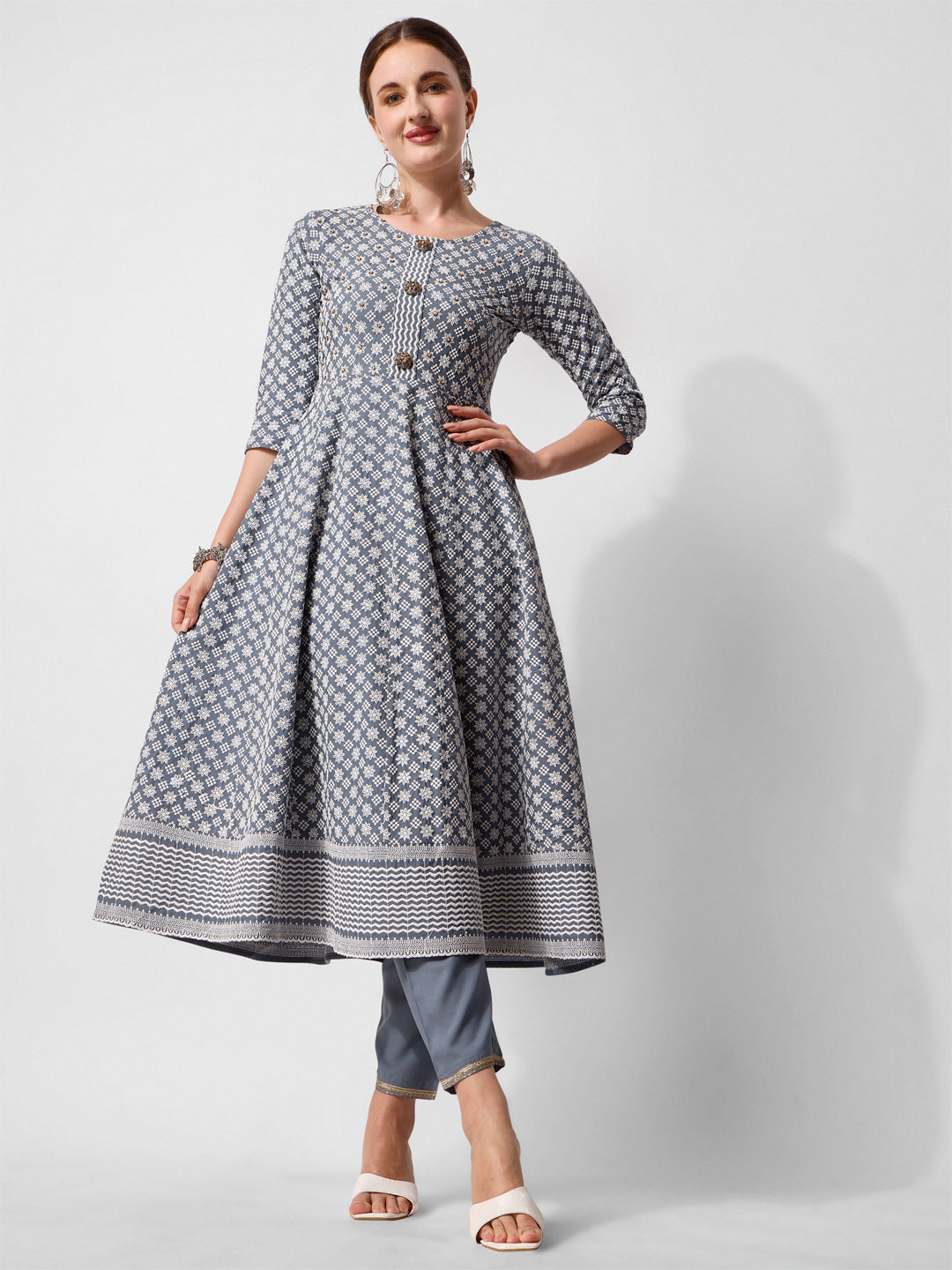 Lucknowi Embroidered Anarkali Kurta With Pant & Dupatta Set, Multicolor - Hiral Fashion