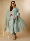 Multicolor Anarkali kurta with intricate Lucknowi embroidery paired with matching pants and dupatta
