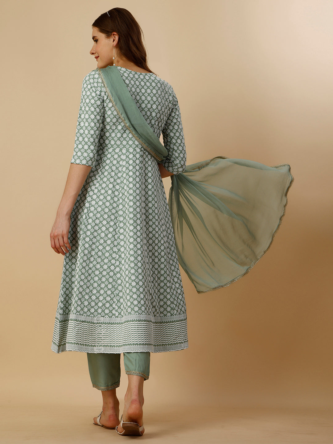 Multicolor Lucknowi Embroidered Anarkali Kurta Set with Dupatta