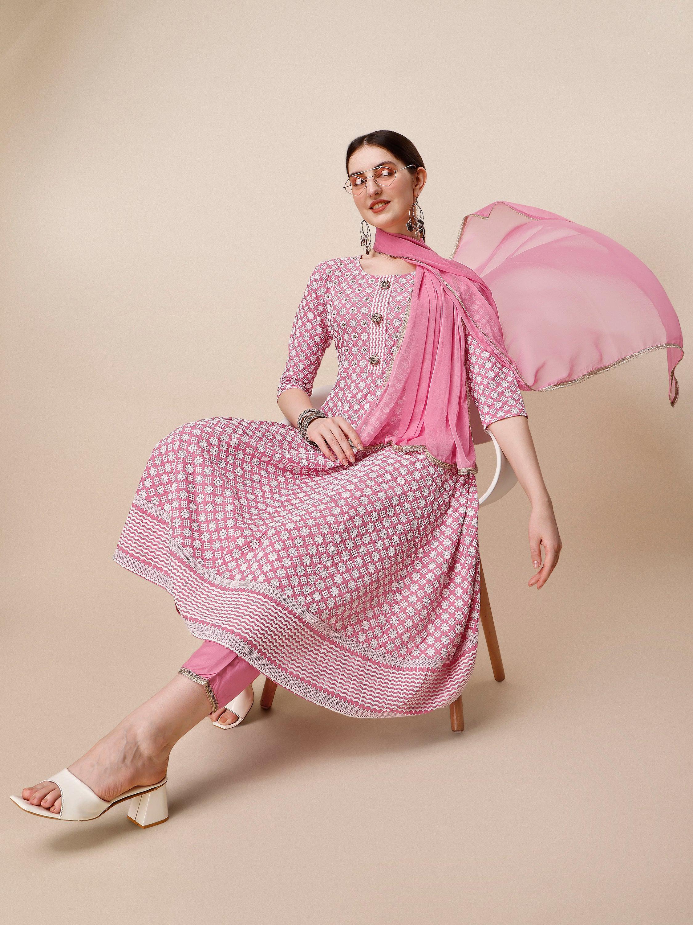 Lucknowi Embroidered Anarkali Kurta Set with Pant and Dupatta