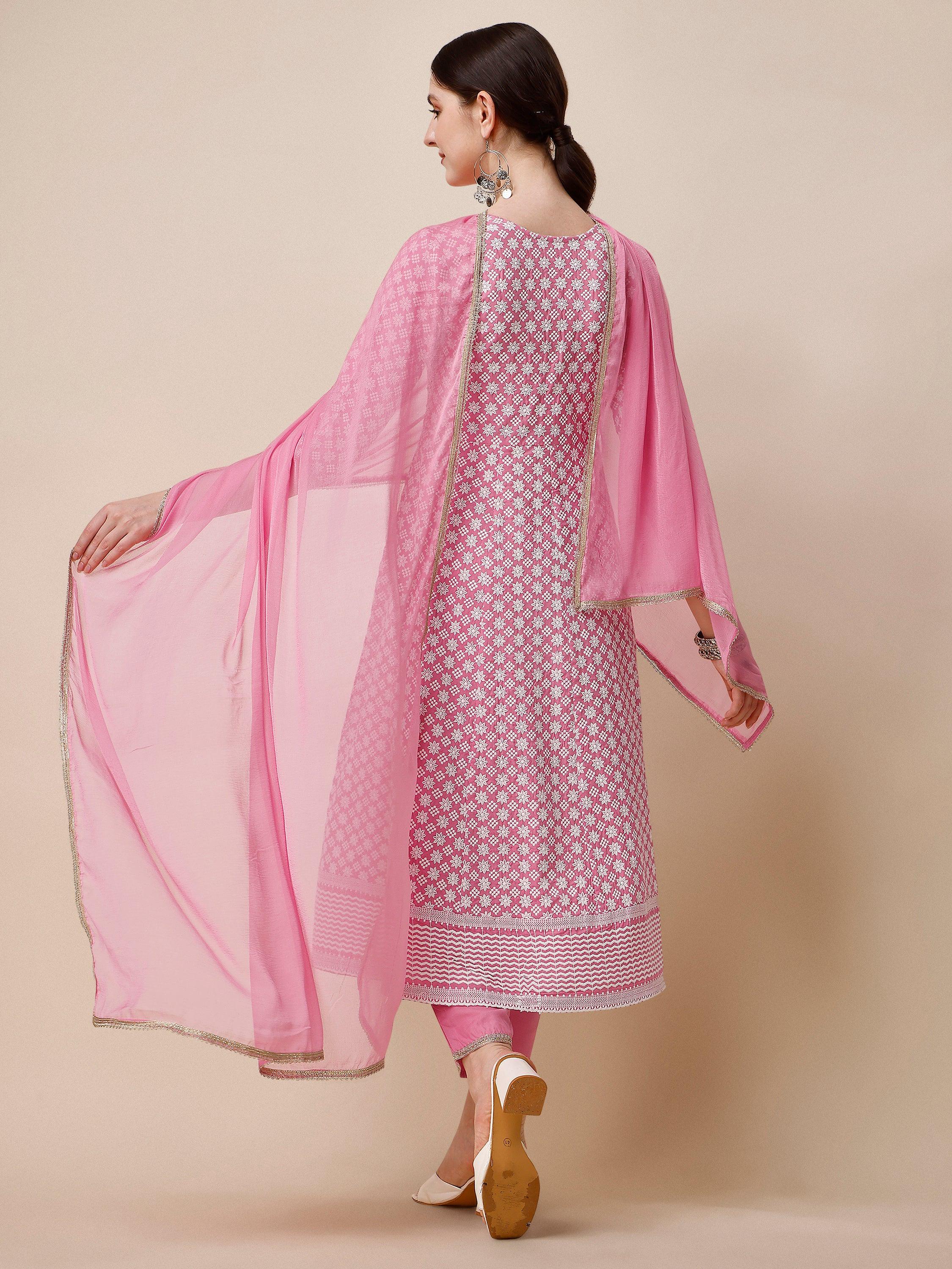 Lucknowi Embroidered Anarkali Kurta Set with Pant and Dupatta