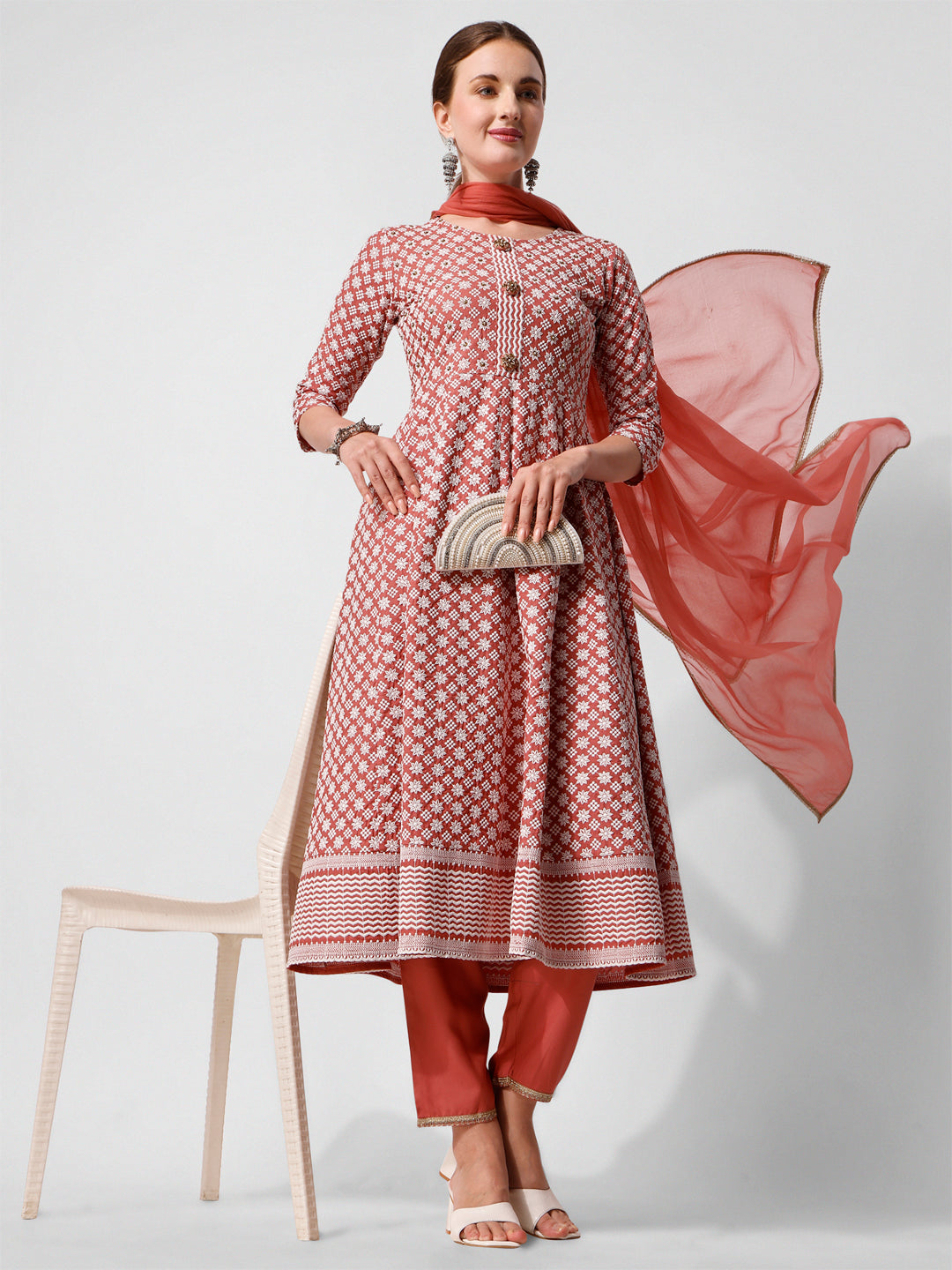 Lucknowi Embroidered Anarkali Kurta With Pant & Dupatta Set, Multicolor - Hiral Fashion