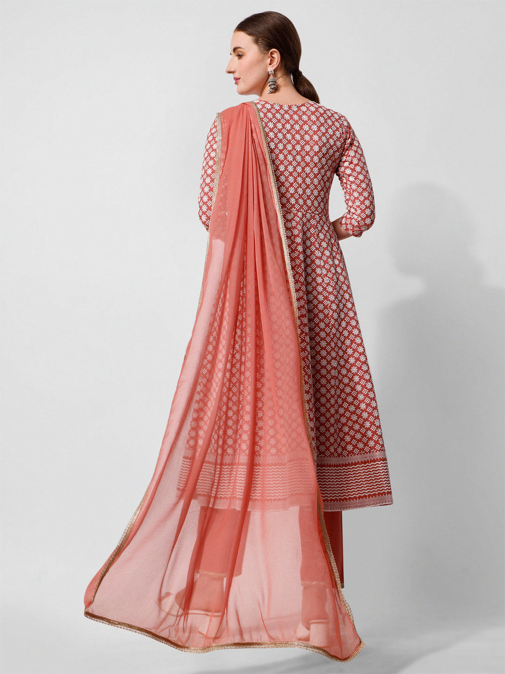 Lucknowi Embroidered Anarkali Kurta With Pant & Dupatta Set, Multicolor - Hiral Fashion