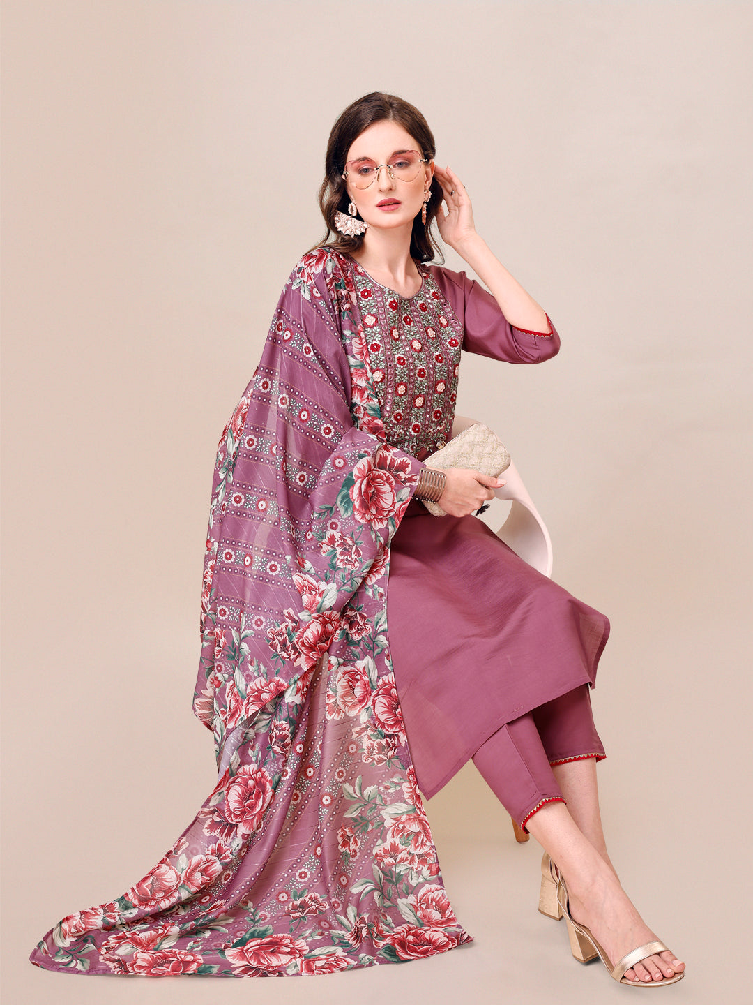 Multicolor embroidered kurta set with 3/4 sleeves, pant, and dupatta