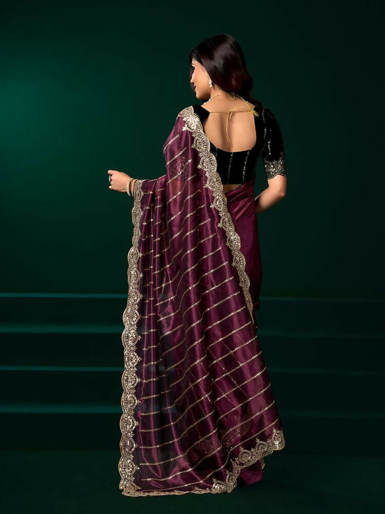 Purple Net Party Wear Saree with Contrast Black Velvet Blouse