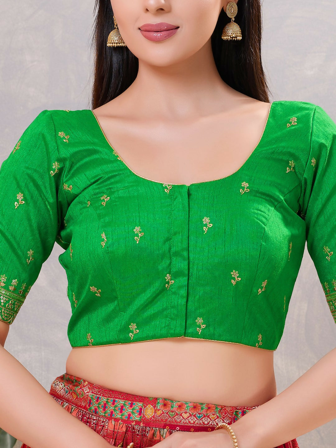 Women's Green Silk Stitched Blouse with Round Neck