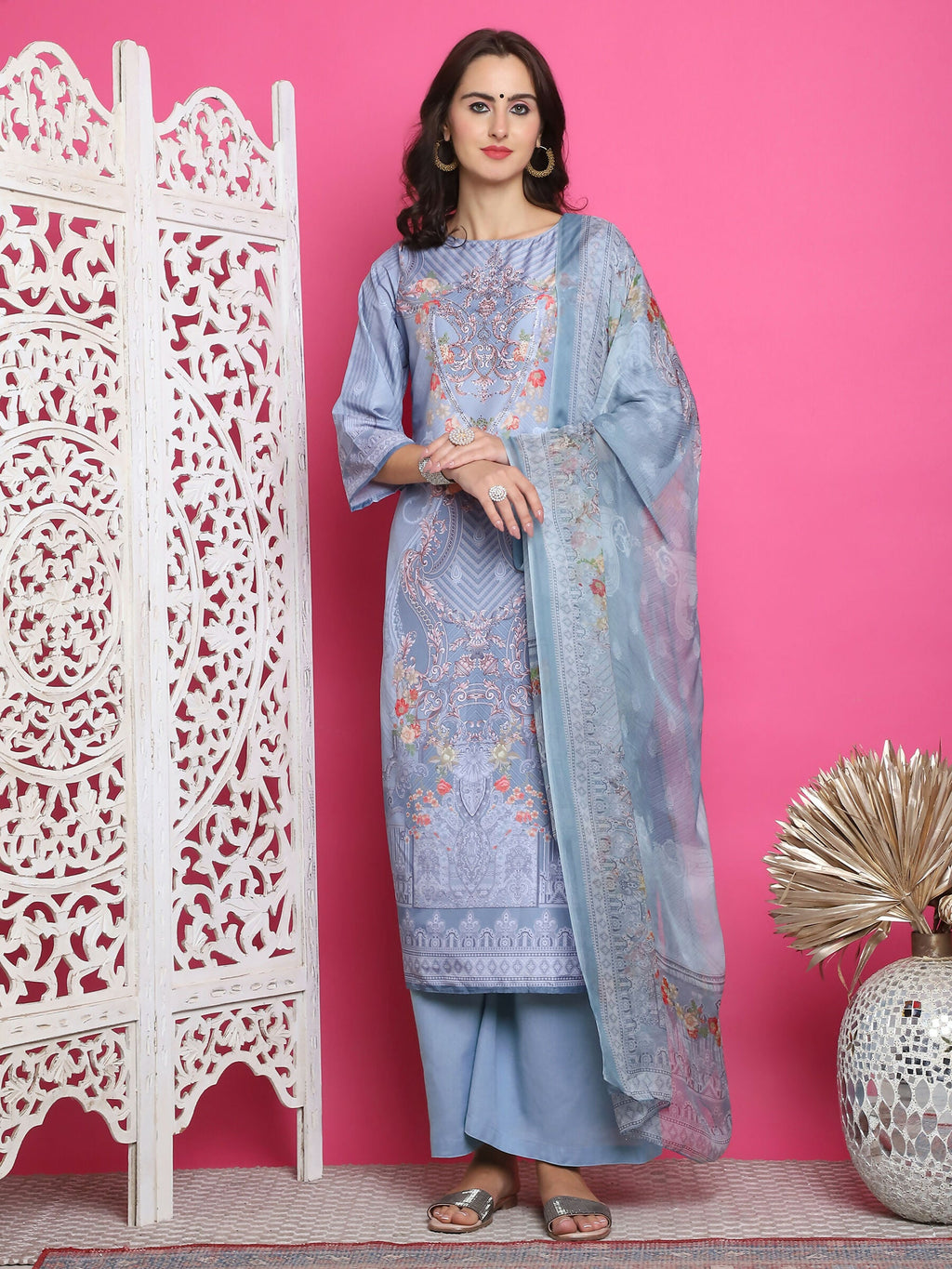 Women's Grey Satin Floral Digital Print Kurta Set with Crystal Work