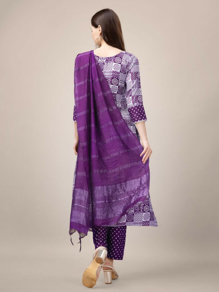 Women's Purple Printed Rayon Kurta Set with Lace Details