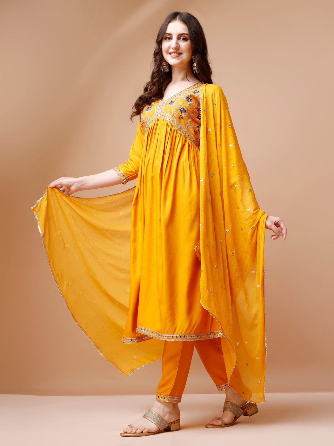 Alia Cut Embroidered Kurta With Pant & Dupatta, Multicolor - Hiral Fashion