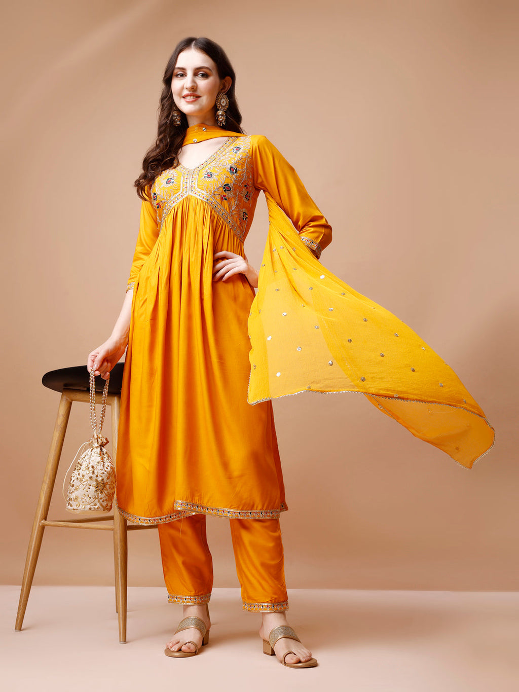 Alia Cut Embroidered Kurta With Pant & Dupatta, Multicolor - Hiral Fashion