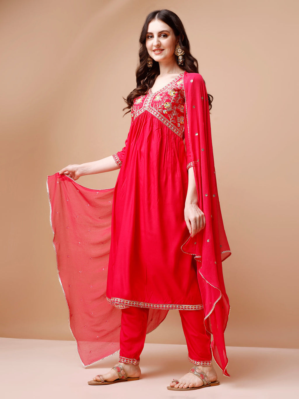 Alia Cut Embroidered Kurta With Pant & Dupatta, Multicolor - Hiral Fashion