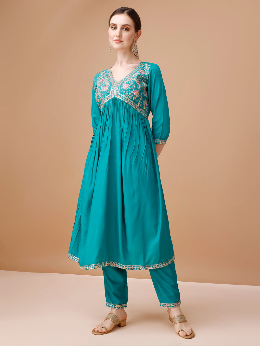 Alia Cut Embroidered Kurta With Pant & Dupatta, Multicolor - Hiral Fashion