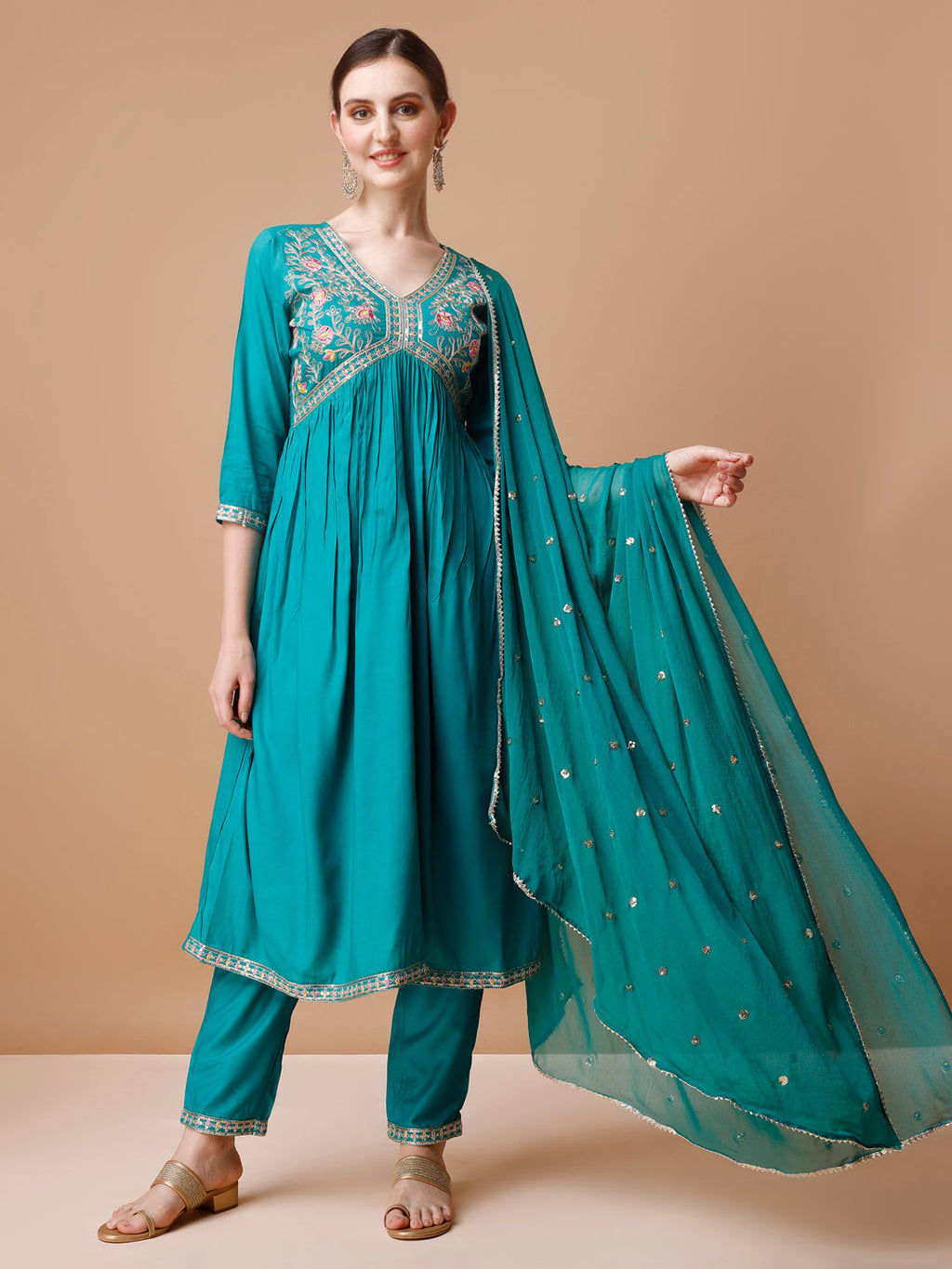 Alia Cut Embroidered Kurta With Pant & Dupatta, Multicolor - Hiral Fashion
