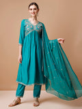 Alia Cut Embroidered Kurta With Pant & Dupatta, Multicolor - Hiral Fashion