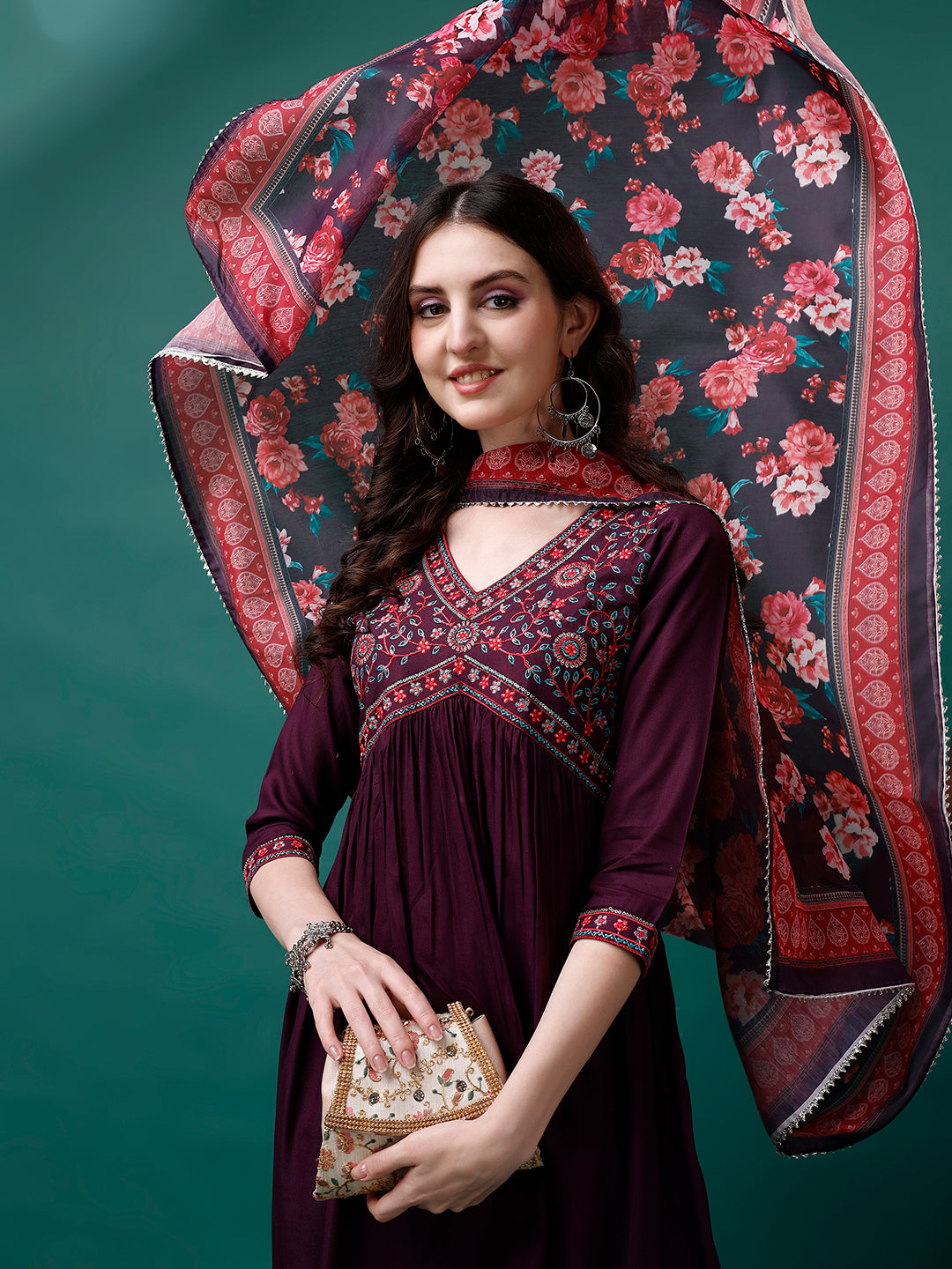 Alia Cut Embroidered Kurta Set with Printed Dupatta in Multicolor