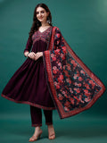 Multicolor Alia Cut embroidered kurta set paired with printed dupatta and matching pants