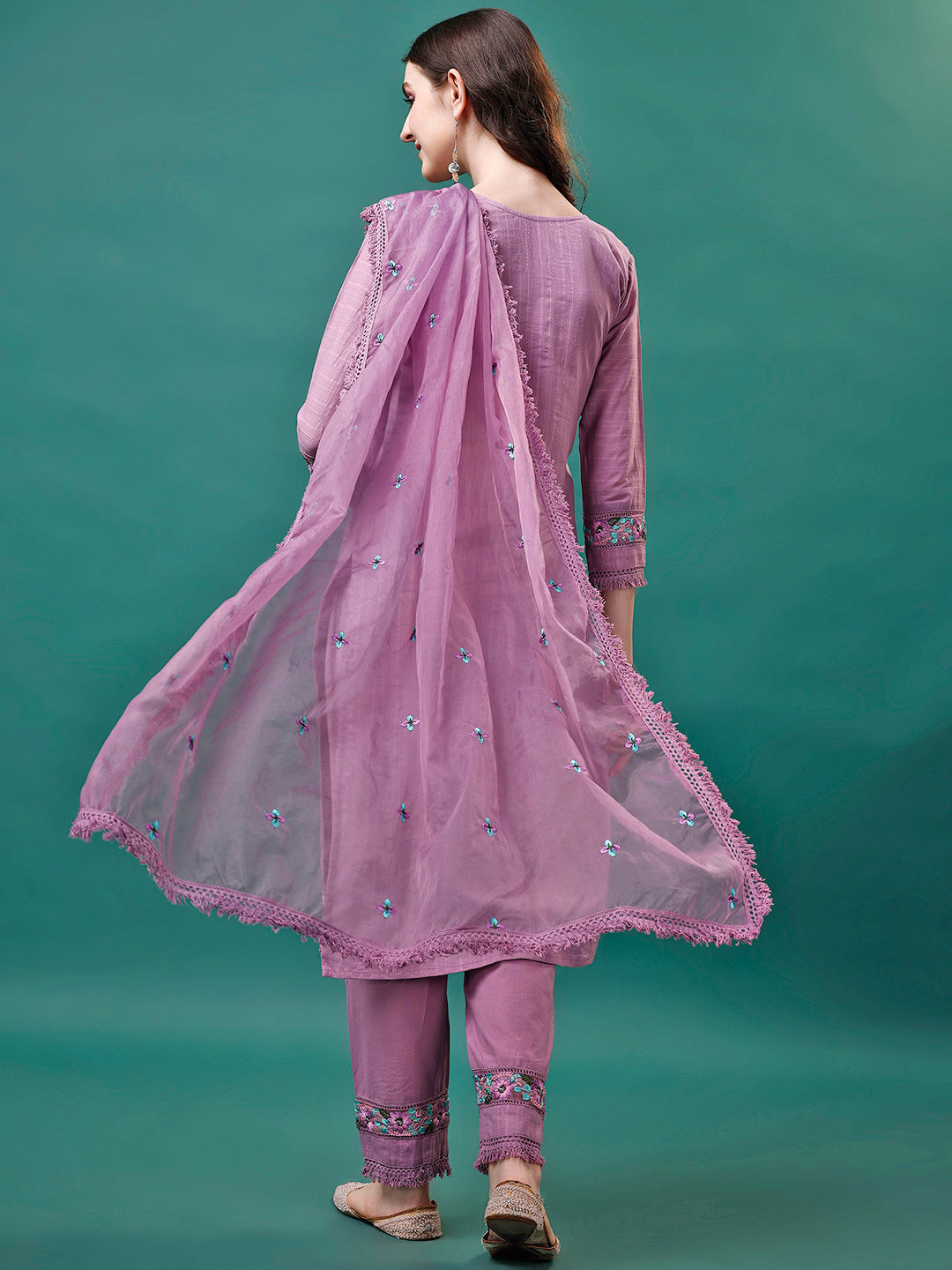 Multicolor Embroidered Kurta Set with Organza Dupatta and Pant