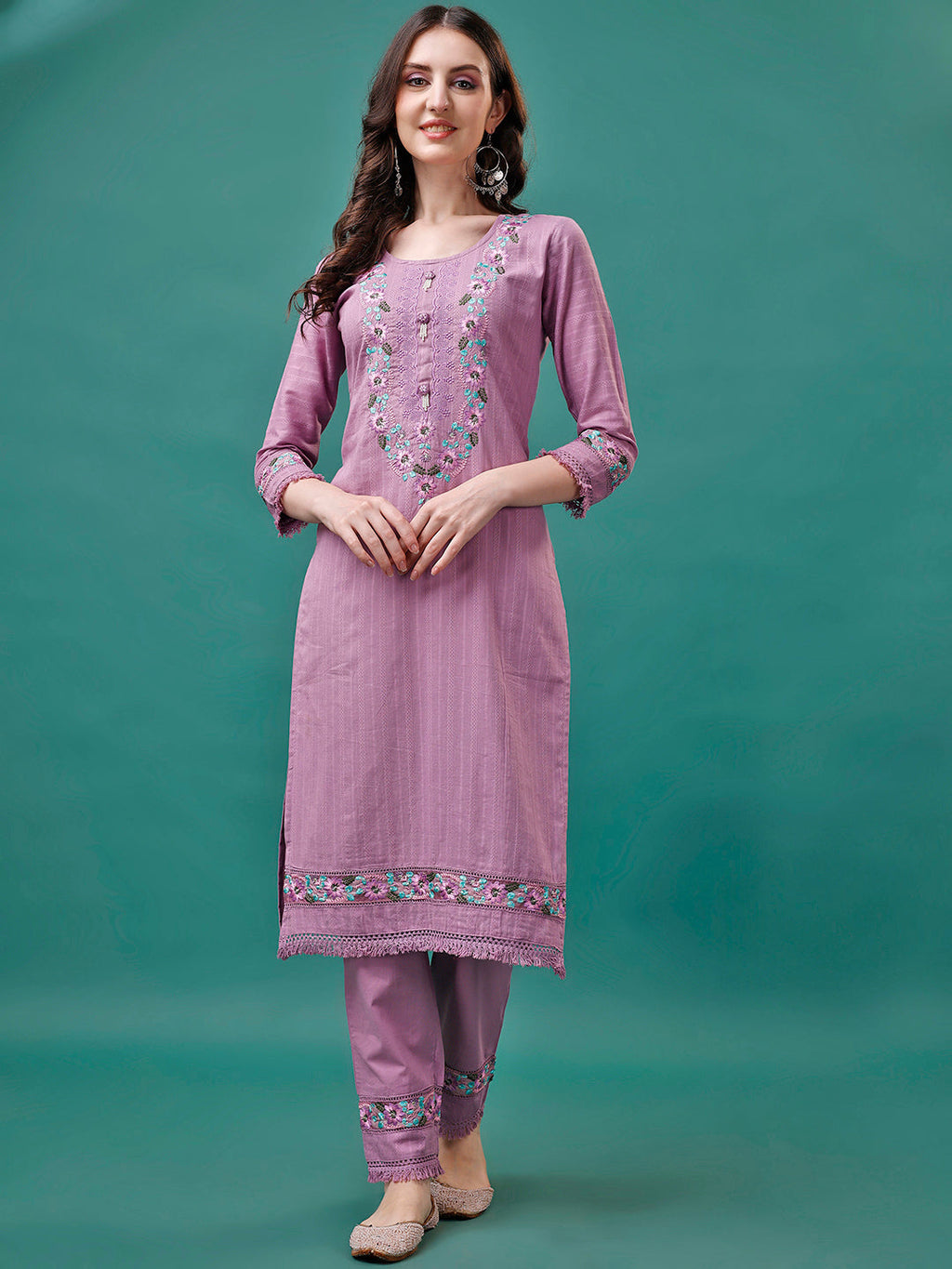 Multicolor Embroidered Kurta Set with Organza Dupatta and Pant