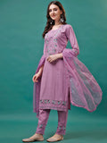 Multicolor embroidered rayon kurta set featuring an organza dupatta and matching trousers
