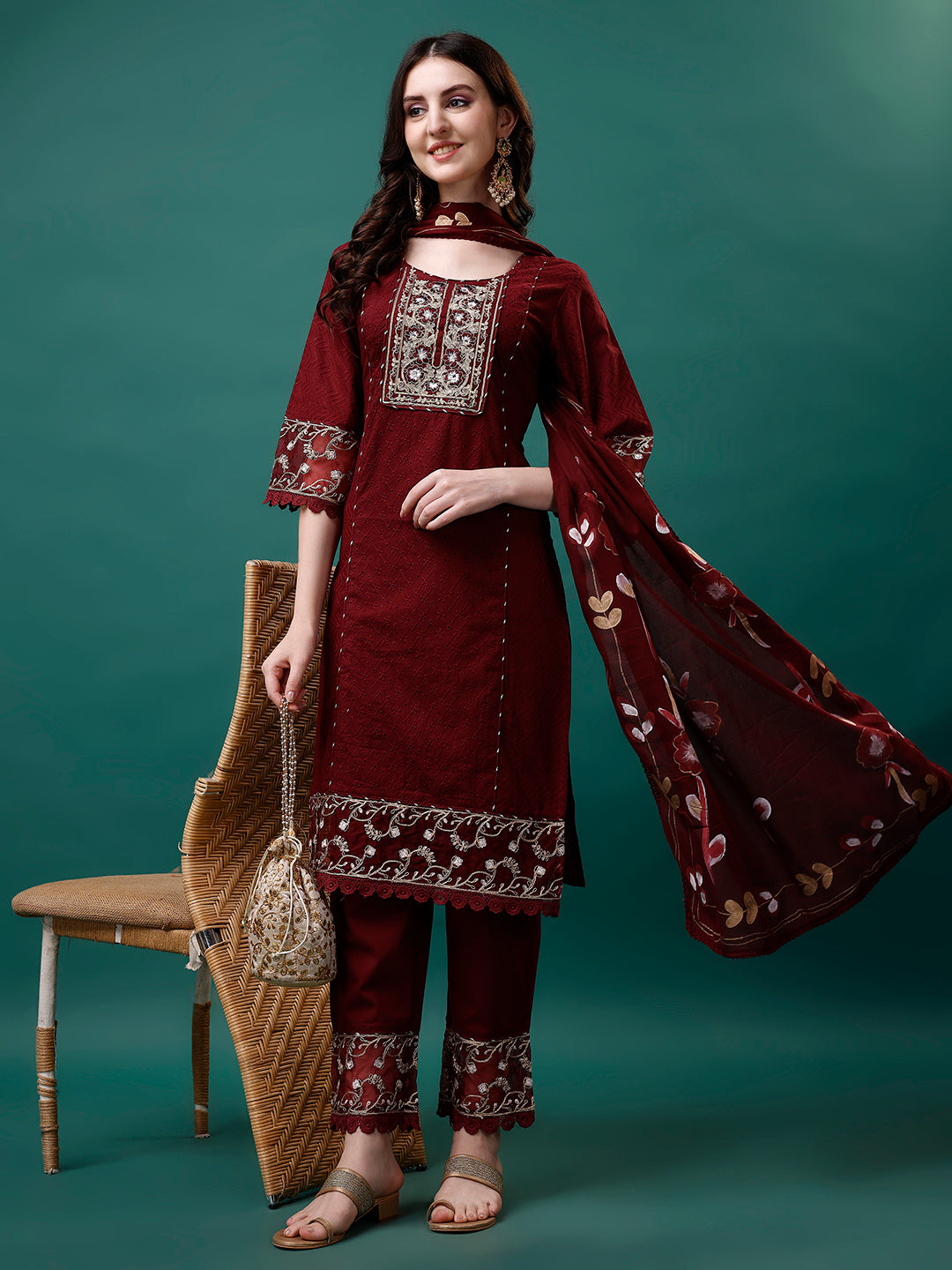 Multicolor Embroidered Kurta Set with Printed Dupatta