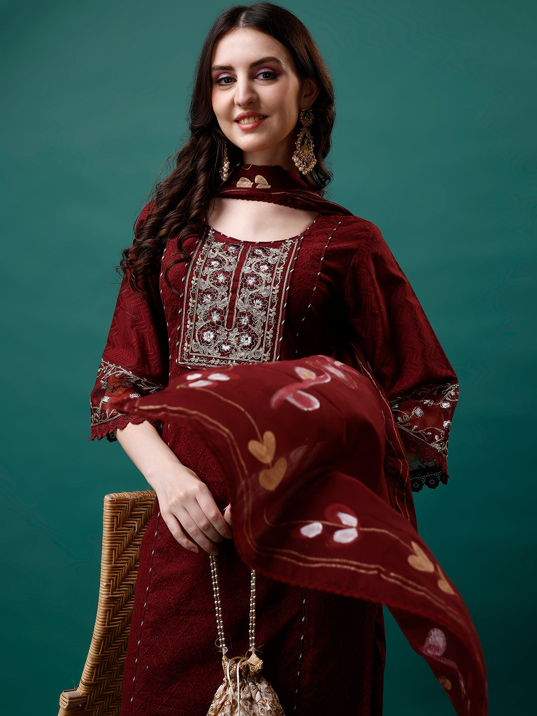 Multicolor Embroidered Kurta Set with Printed Dupatta