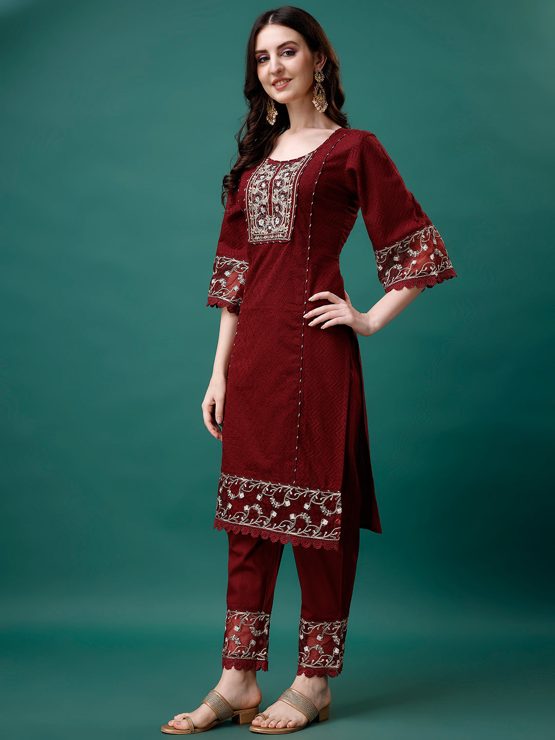 Multicolor Embroidered Kurta Set with Printed Dupatta
