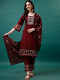 Multicolor embroidered kurta set with printed dupatta and matching pants