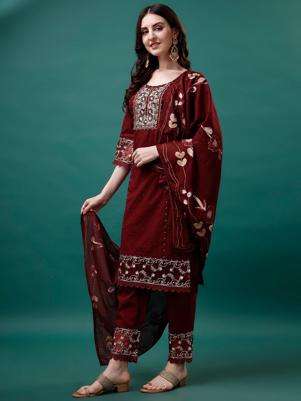 Multicolor Embroidered Kurta Set with Printed Dupatta