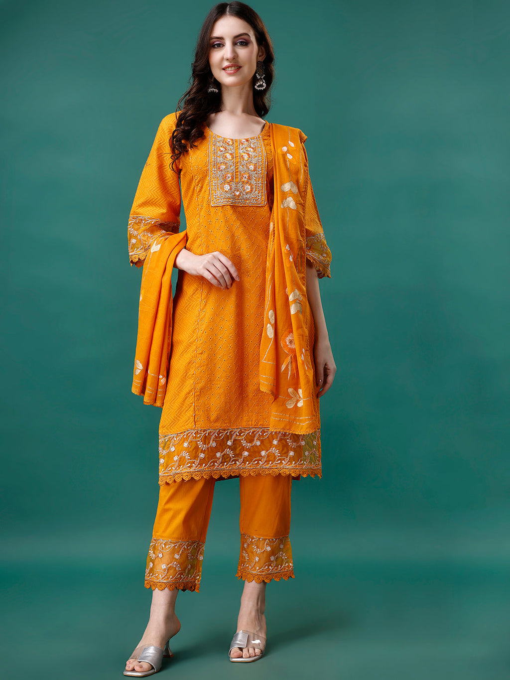 Embroidered Kurta With Pant & Embroidered Printed Dupatta, Multicolor - Hiral Fashion