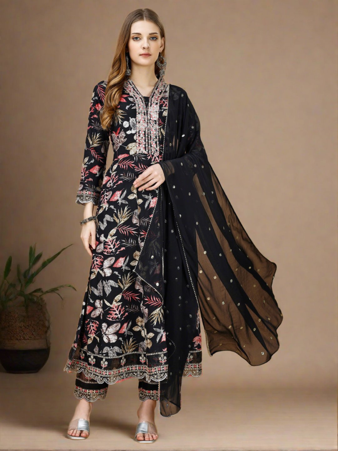 Multicolor floral printed and embroidered Anarkali kurta set with matching embroidered pants and dupatta